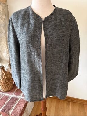 Eileen Fisher Charcoal Open-Front Round-Neck Jacket Linen Cotton Blend